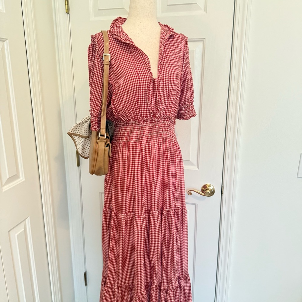 Max Studio Red Gingham Tiered Maxi Dress